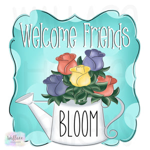 Welcome Friends Watering Can Rose Bouquet Printable Template